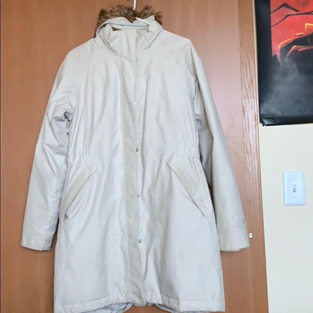 Cream north face parka winter jacket